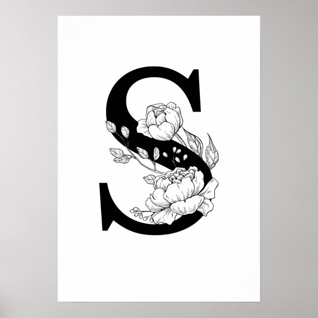 S botanical monogram. Letter initial with peonies Poster (Front)