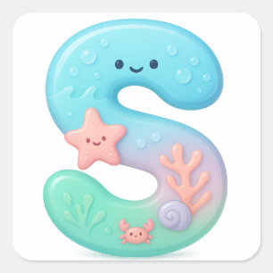 "S" Cute Letter - Underwater Sea Creature Square Sticker