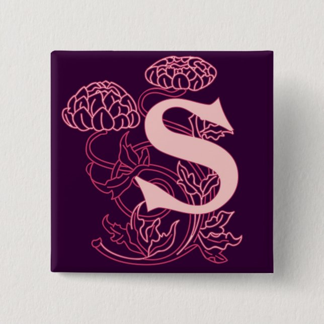 "S" Floral Art Nouveau Monogram 2 Inch Square Button (Front)