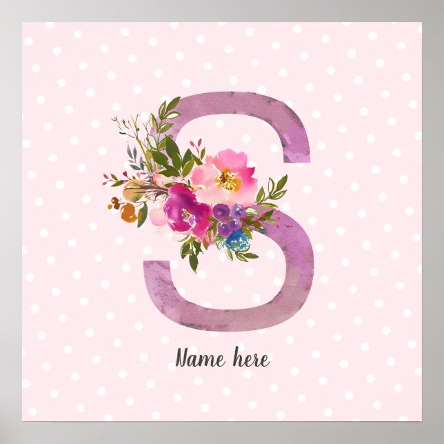 S, Floral Monogram initial , watercolor flower Poster (Front)