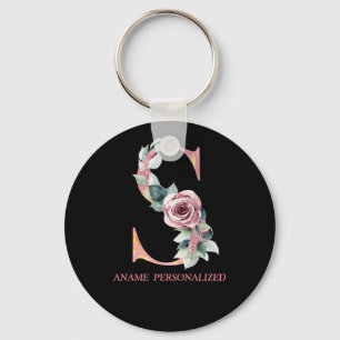 S Floral Monogram Name Letters Pink Agate Keychain