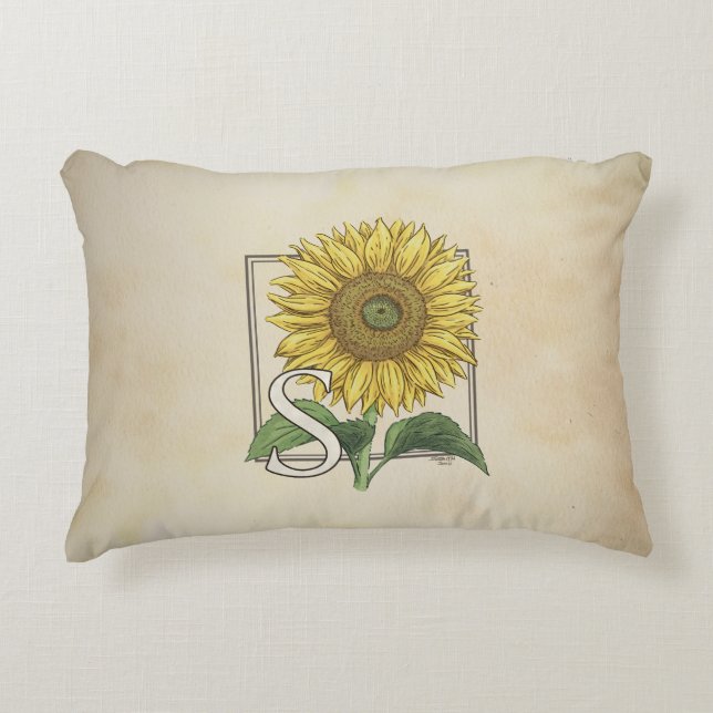 S for Sunflower Floral Alphabet Monogram Decorative Pillow (Front)