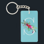 S Letter Initial Monogram Floral Custom Colour Keychain<br><div class="desc">Customize with any text if desired.</div>