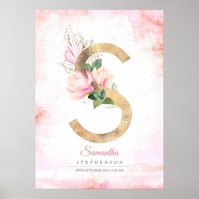 S Letter Monogram Gold Leaves Pink Magnolia Floral Poster (Front)