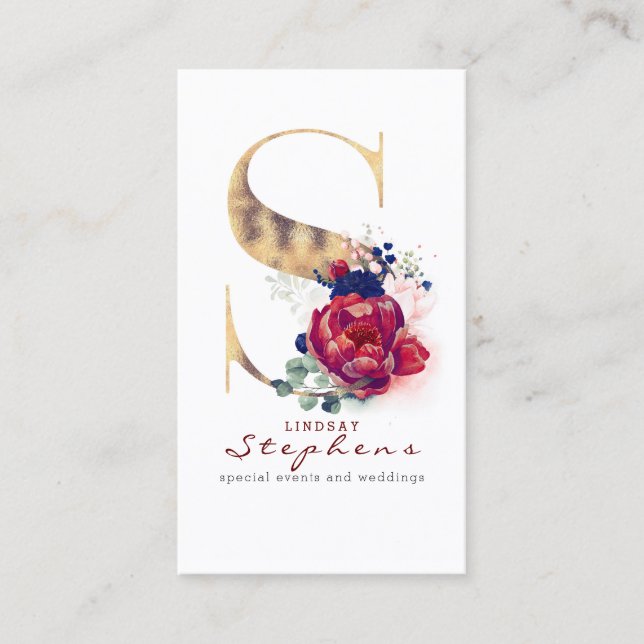 S Monogram Burgundy Gold and Navy Blue Floral Business Card (Front)