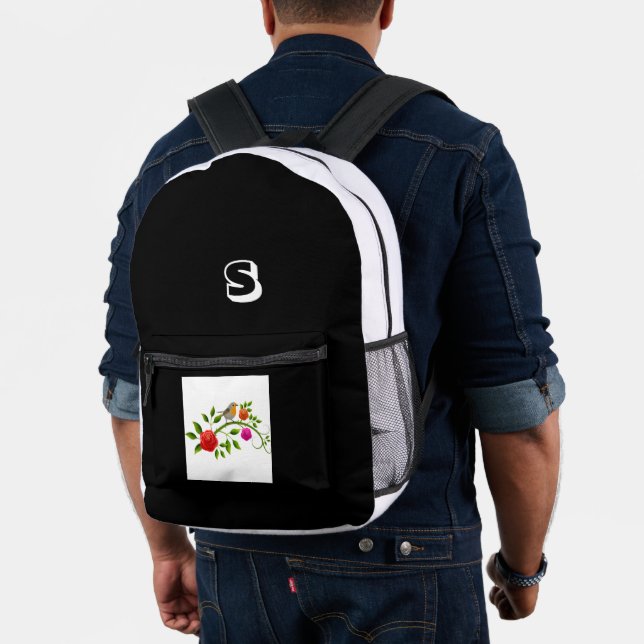 "S" Monogram Elegant Bird Sitting Branch Students  Printed Backpack (Insitu (Model))