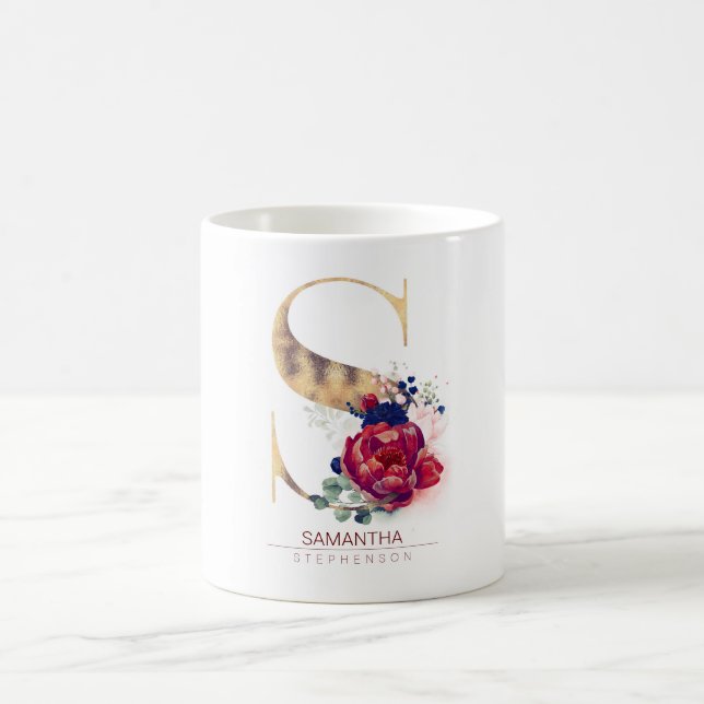 S Monogram Floral Burgundy Red and Navy Blue Coffee Mug (Center)