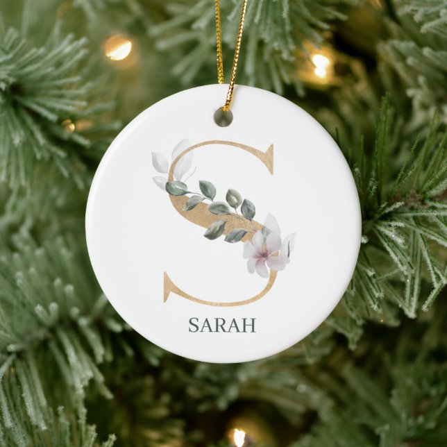 S Monogram Floral Personalized Ceramic Ornament (Tree)