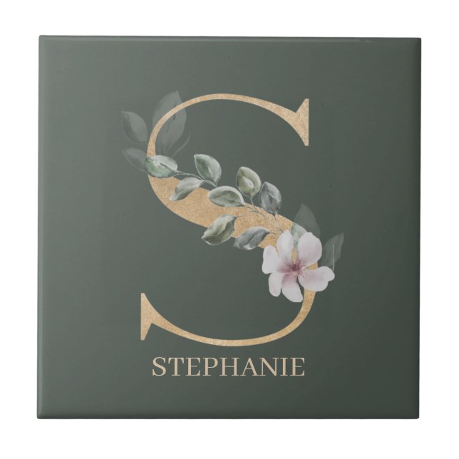 S Monogram Floral Personalized Ceramic Tile (Front)