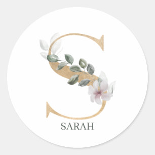 S Monogram Floral Personalized Classic Round Sticker