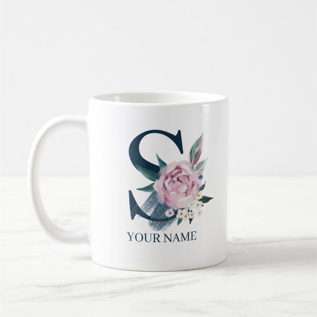 S Monogram Floral Personalized Coffee Mug (Left)