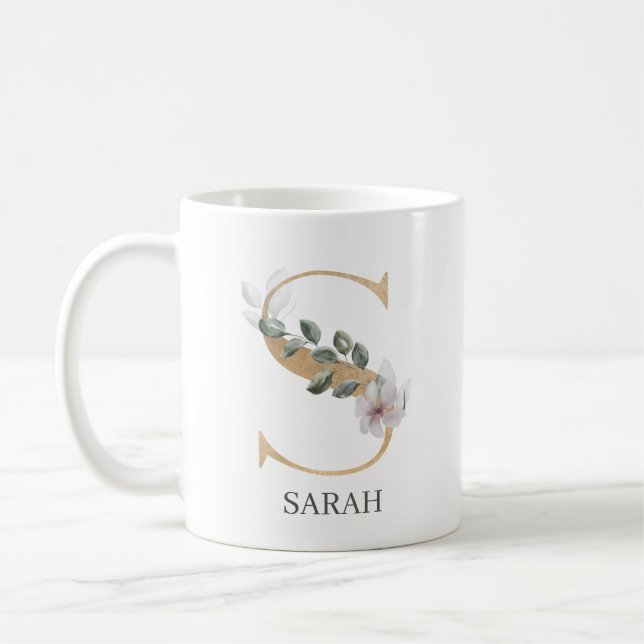 S Monogram Floral Personalized Coffee Mug (Left)