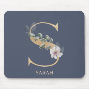 S Monogram Floral Personalized Mouse Pad