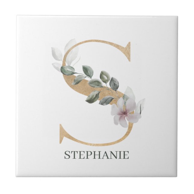 S Monogram Floral Personalized Tile (Front)