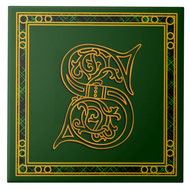 S Monogram “Irish Gold on Green” Ceramic Tile (Front)