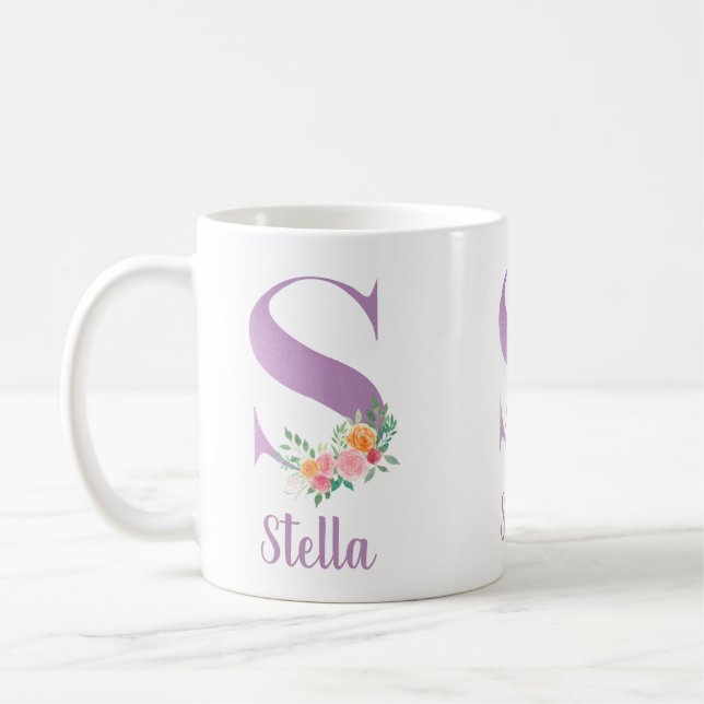 S Monogram Purple Floral Watercolor Personalized Coffee Mug (Left)