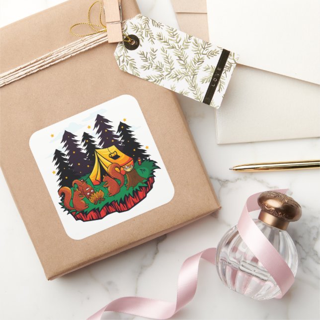 S’more Fun With This Camping Squirrel Square Sticker (Gifting)
