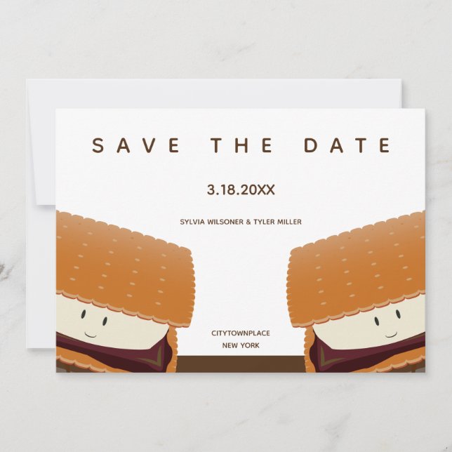S’more Illustration Whimsical Wedding White Brown Save The Date (Front)