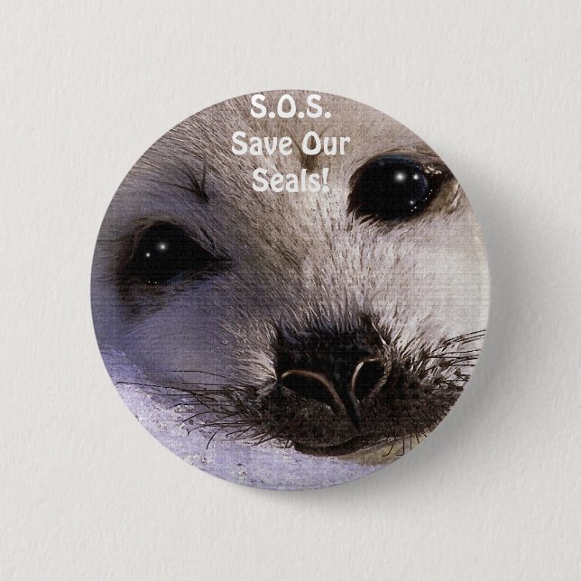 S.O.S. SAVE OUR HARP SEALS 2 INCH ROUND BUTTON (Front)