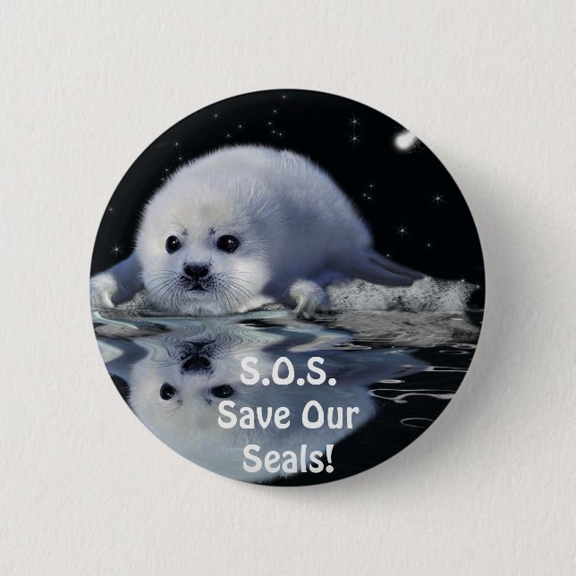 S.O.S. SAVE OUR HARP SEALS 2 INCH ROUND BUTTON (Front)