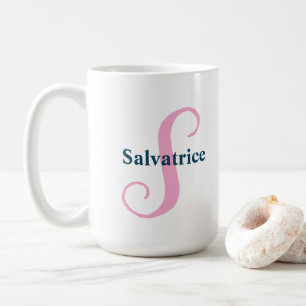 "S" Pink Fancy Script Monogram with Navy Name Coffee Mug