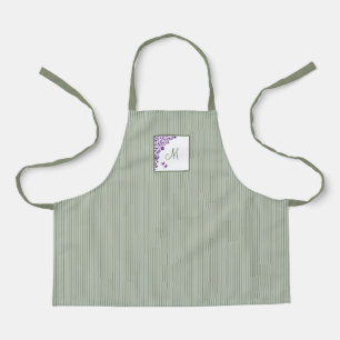 S Sage Green Stripe Purple Floral Script Monogram  Apron