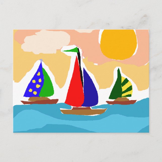 SA- Colourful Sailboat Primitive Art Postcard (Front)