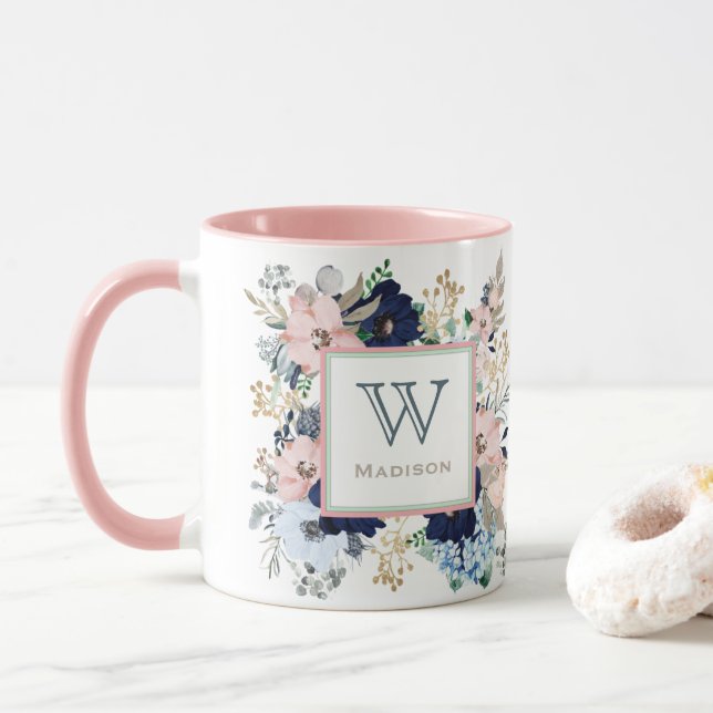 Sa Mug de Monogramme rose et bleu favori (Avec donut)