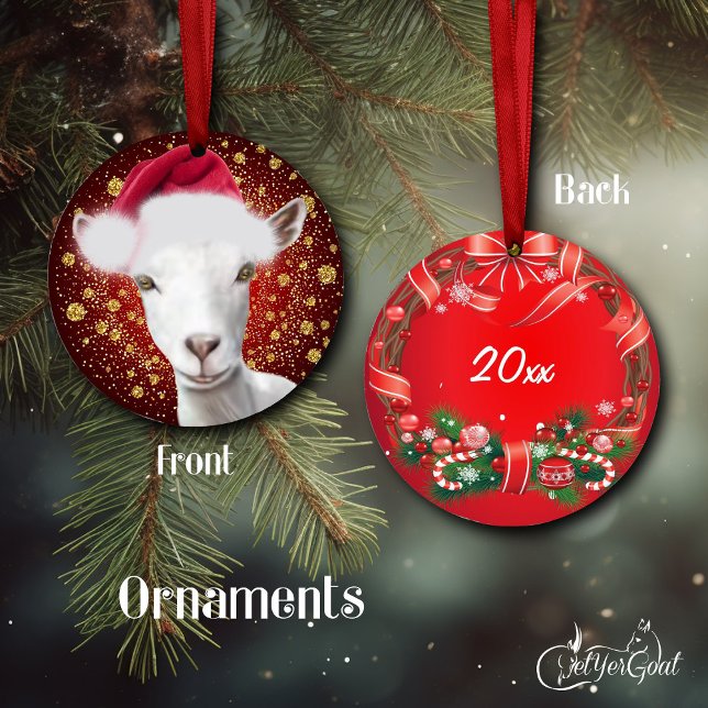 Saanen Dairy Goat Santa Hat Christmas Ornament (Pretty Saanen doe oil painting portrait - with gold snowflakes - dated on the back #zazzlemade)