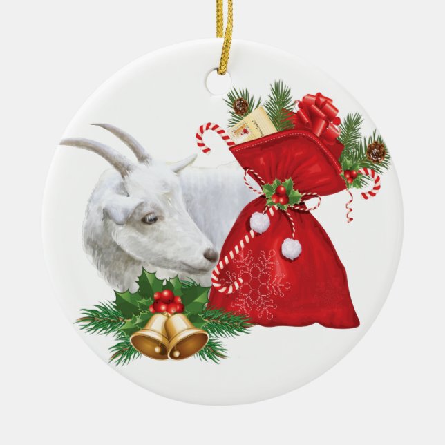 Saanen Goat With Holiday Spirit Ceramic Ornament (Front)