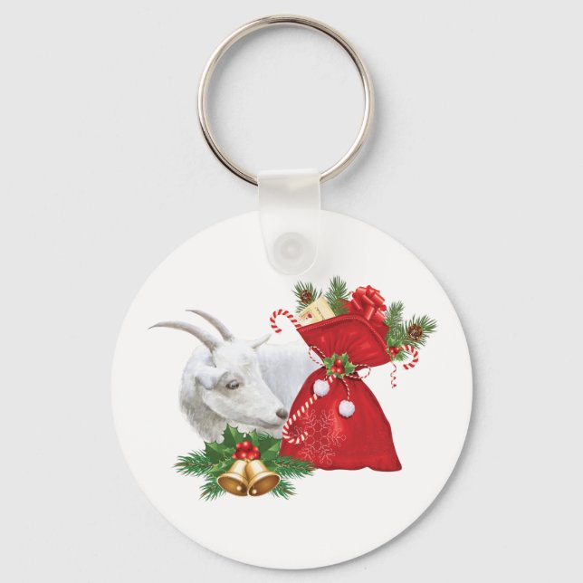 Saanen Goat With Holiday Spirit Keychain (Front)