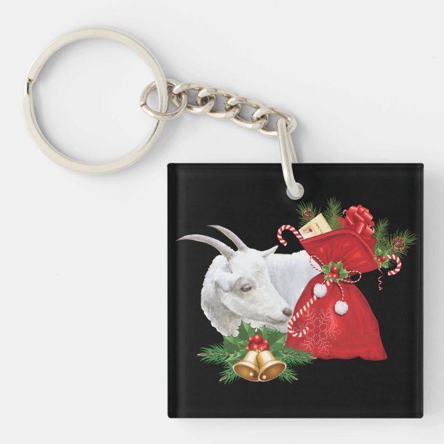 Saanen Goat With Holiday Spirit Keychain (Front)