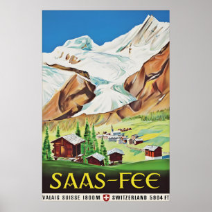 Saas Fee Switzerland Vintage Travel Poster, Swiss Poster
