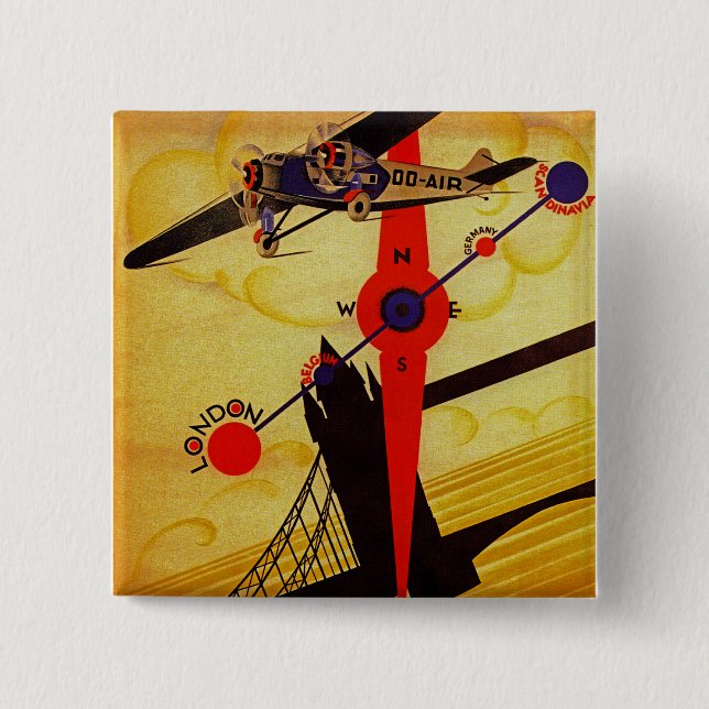 Sabena Art Deco Compass 2 Inch Square Button (Front)