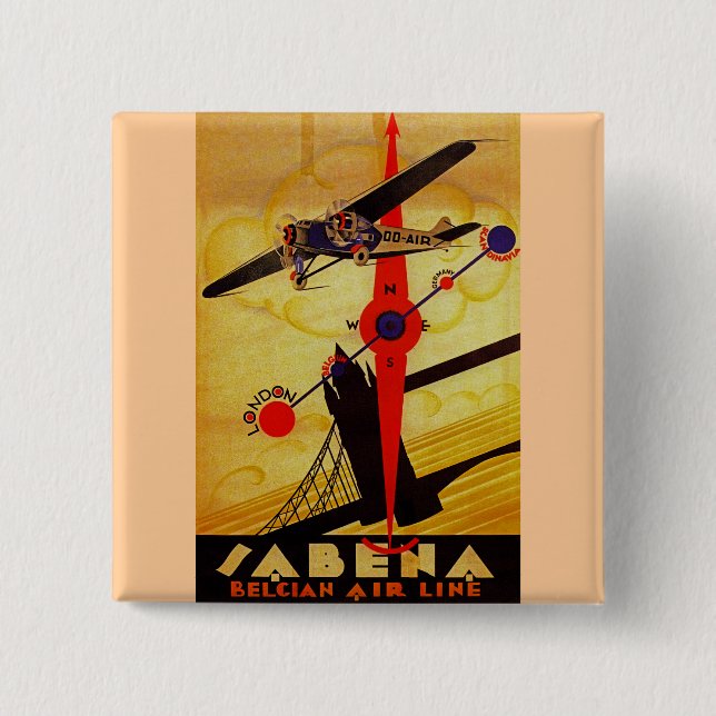 Sabena Art Deco Compass 2 Inch Square Button (Front)