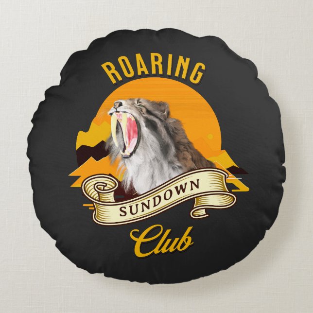 Sabertooth Tiger Retro Sunset Adventure Club Round Pillow (Front)