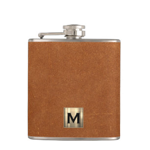 Sable Brown Leather Gold Monogram Hip Flask