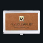 Sable Leather Luxury Gold Initial Logo Business Card Holder<br><div class="desc">Simple modern luxury design with brushed metallic gold initial logo medallion with personalized name,  title,  company name or custom text below in classic block typography on a sable brown leather textured background. Personalize for your custom use.</div>