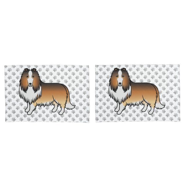 Sable Rough Collie Cute Cartoon Dog & Paws Pillowcase (Front-Set)