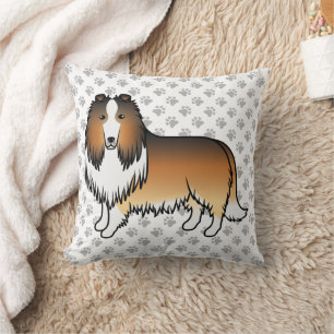 Sable Rough Collie Cute Cartoon Dog & Paws Throw Pillow