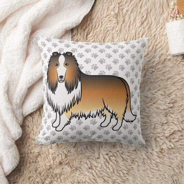 Sable Rough Collie Cute Cartoon Dog & Paws Throw Pillow (Blanket)