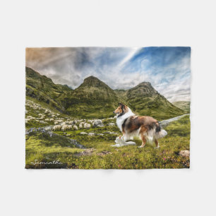 Sable Rough Collie herding Sheep - Personalized Fleece Blanket