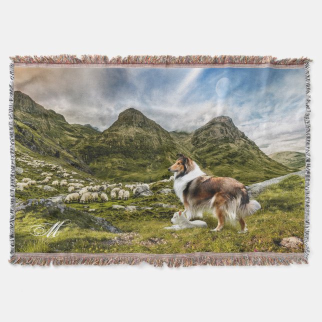 Sable Rough Collie, Lamb & Sheep - Personalized Throw Blanket (Front)