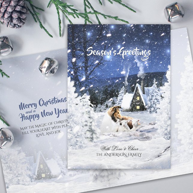 Sable Rough Collie & Lambs Snowy Christmas Night - Holiday Card (Creator Uploaded)