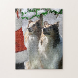 Sable Rough Collies With Santa Christmas Jigsaw Puzzle