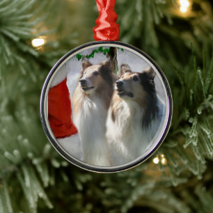 Sable Rough Collies With Santa Christmas Metal Ornament
