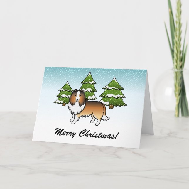 Sable Sheltie Cartoon Dog In Winter & Text Card (Front)