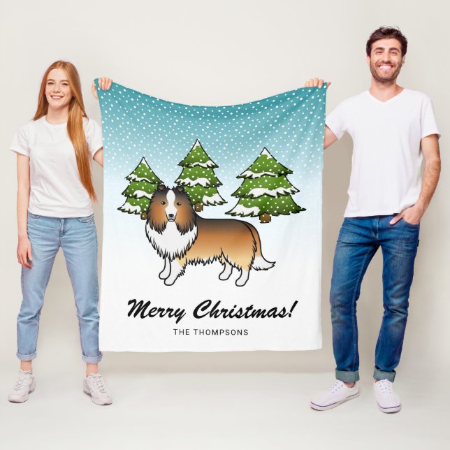 Sable Sheltie Cartoon Dog In Winter & Text Fleece Blanket (In Situ)