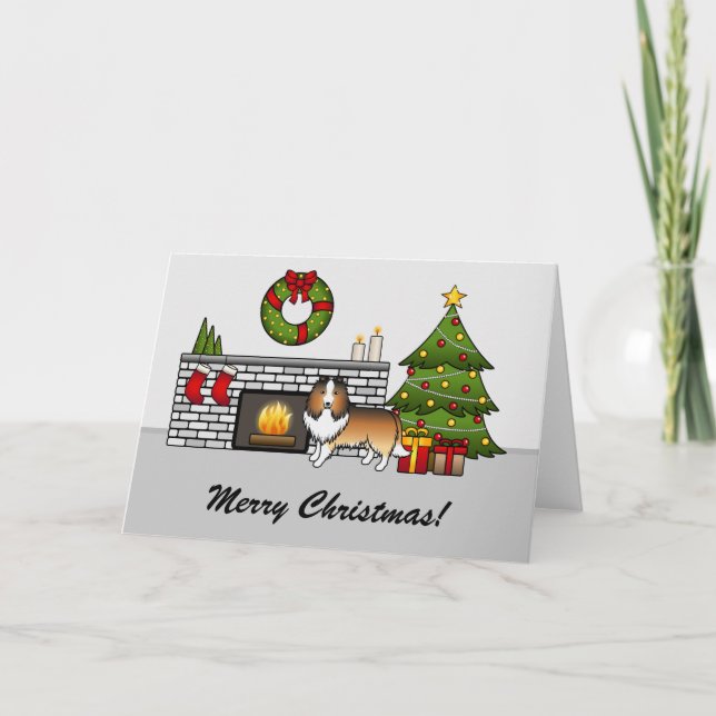Sable Sheltie Dog In A Christmas Room & Text Card (Front)