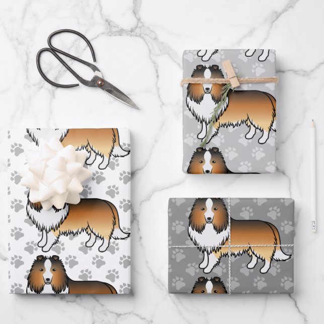 Sable Shetland Sheepdog Cartoon Dog Pattern Wrapping Paper Sheet (Front)